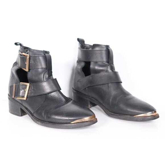 Kurt Geiger Women's US 9 Black Leather Saxon Cut Out Pull-On Strap Ankle Booties - Picture 2 of 7